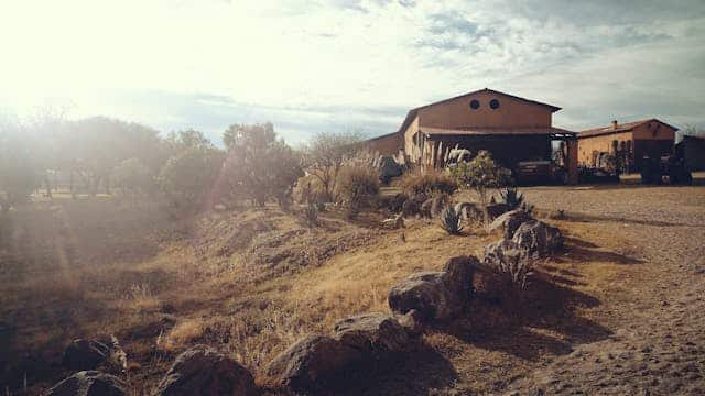 pexels-olivia-nuno-373069-1001470 A rustic building surrounded by desert vegetation, with rocks and shrubs in the foreground. The sun is shining, casting a warm light over the scene, which includes a gravel path leading towards the structure.