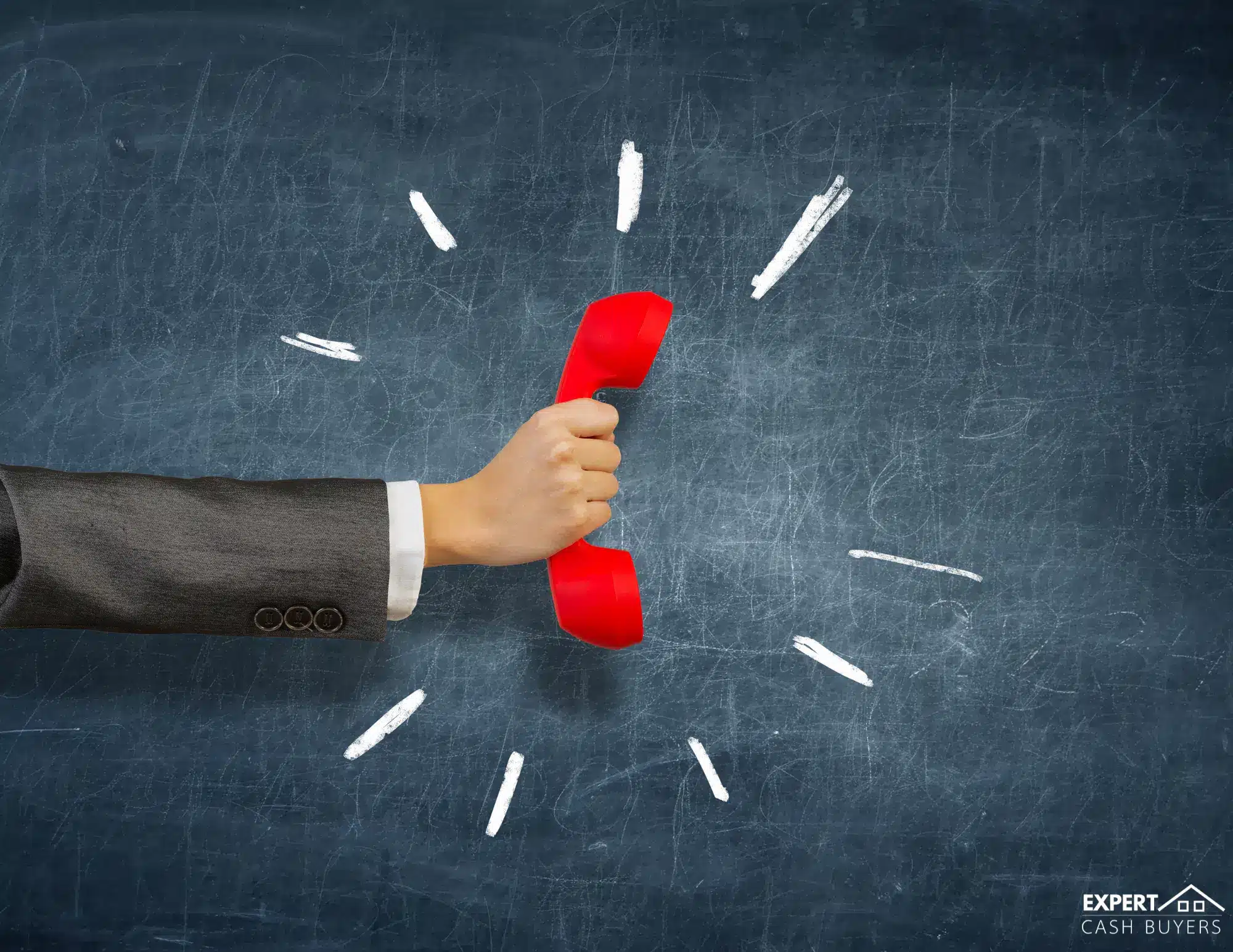 Fill Out The Form A hand wearing a suit sleeve holds a red telephone receiver against a chalkboard background, with chalk marks radiating outward to suggest urgency.