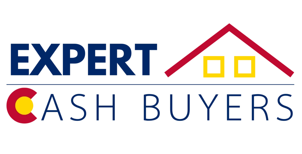 Expert Cash Buyers Logo 2026 5 Logo for Expert Cash Buyers featuring blue text. The 'C' in 'CASH' is stylized in red and includes a Colorado flag design. Above the text is a red roof graphic with yellow and white windows.